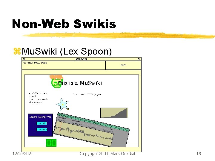 Non-Web Swikis z. Mu. Swiki (Lex Spoon) 12/25/2021 Copyright 2000, Mark Guzdial 16 