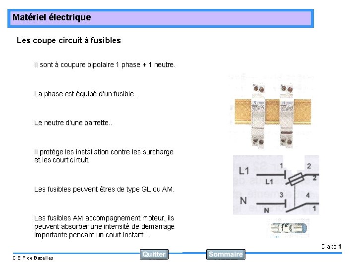 Matériel électrique Les coupe circuit à fusibles Il sont à coupure bipolaire 1 phase