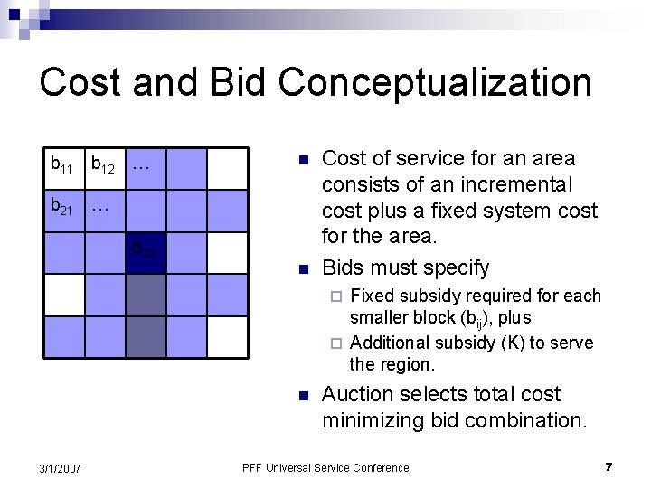 Cost and Bid Conceptualization b 11 b 12 … n b 21 … b