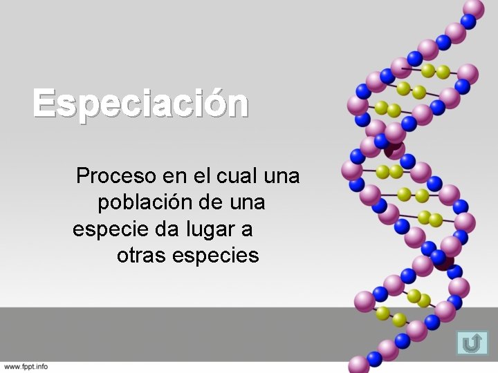 Especiación Proceso en el cual una población de una especie da lugar a otras