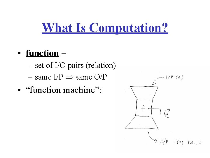 What Is Computation? • function = – set of I/O pairs (relation) – same