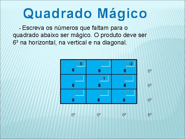 Quadrado Mágico - Escreva os números que faltam para o quadrado abaixo ser mágico.