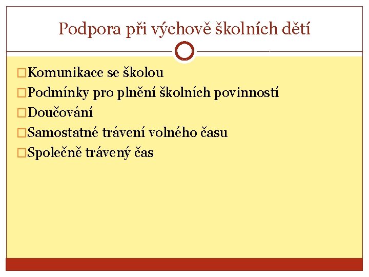 Podpora při výchově školních dětí �Komunikace se školou �Podmínky pro plnění školních povinností �Doučování