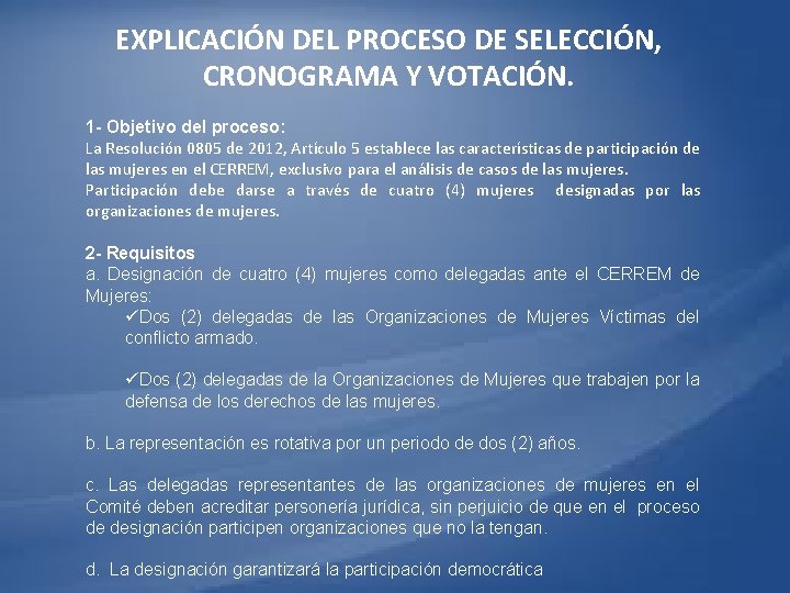 EXPLICACIN DEL PROCESO DE SELECCIN CRONOGRAMA Y VOTACIN