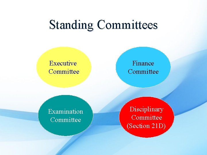Standing Committees Executive Committee Finance Committee Examination Committee Disciplinary Committee (Section 21 D) 