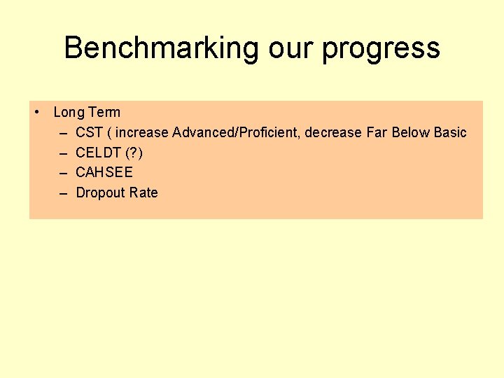 Benchmarking our progress • Long Term – CST ( increase Advanced/Proficient, decrease Far Below