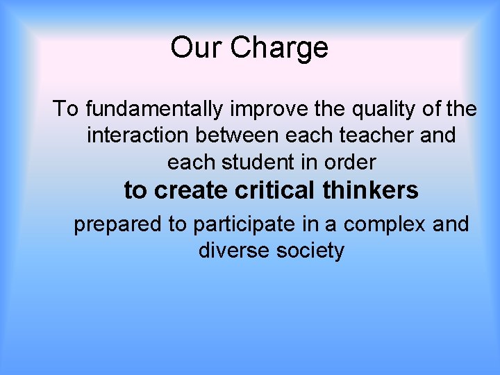 Our Charge To fundamentally improve the quality of the interaction between each teacher and