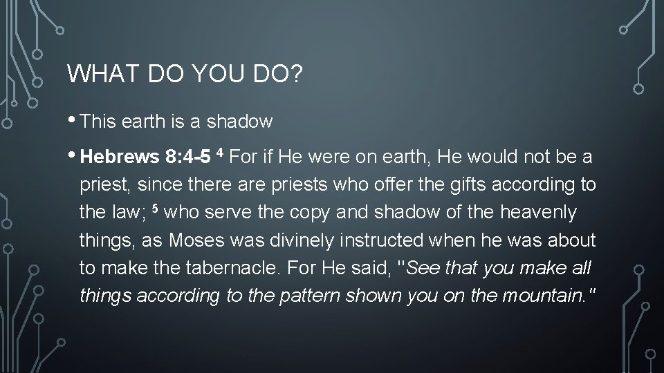 WHAT DO YOU DO? • This earth is a shadow • Hebrews 8: 4