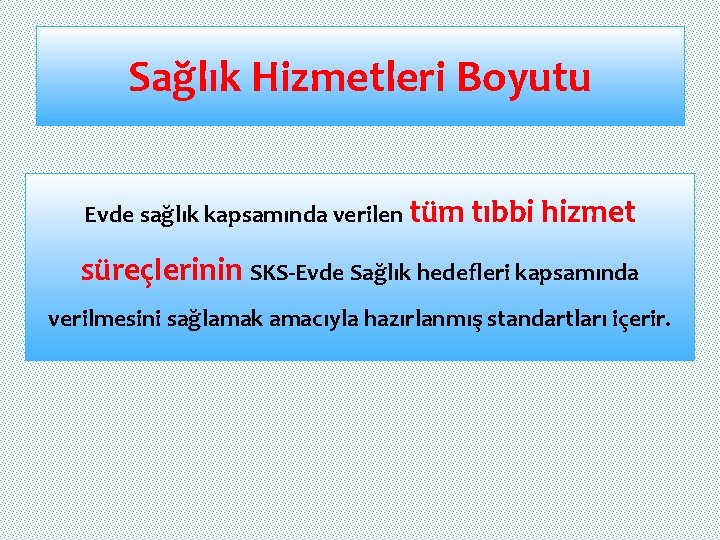 Sağlık Hizmetleri Boyutu Evde sağlık kapsamında verilen tüm tıbbi hizmet süreçlerinin SKS-Evde Sağlık hedefleri