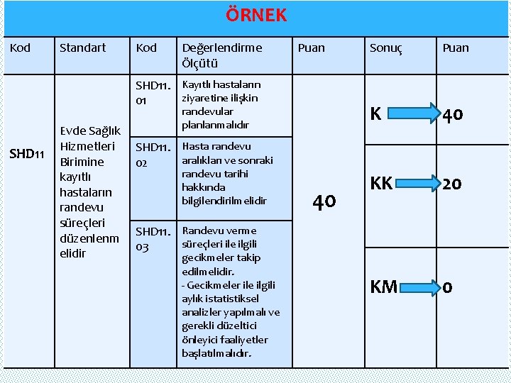 ÖRNEK Kod Standart Kod Değerlendirme Ölçütü Puan SHD 11. Kayıtlı hastaların ziyaretine ilişkin 01