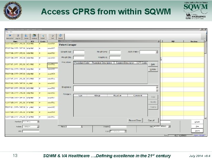 Access CPRS from within SQWM 13 SQWM & VA Healthcare …. Defining excellence in