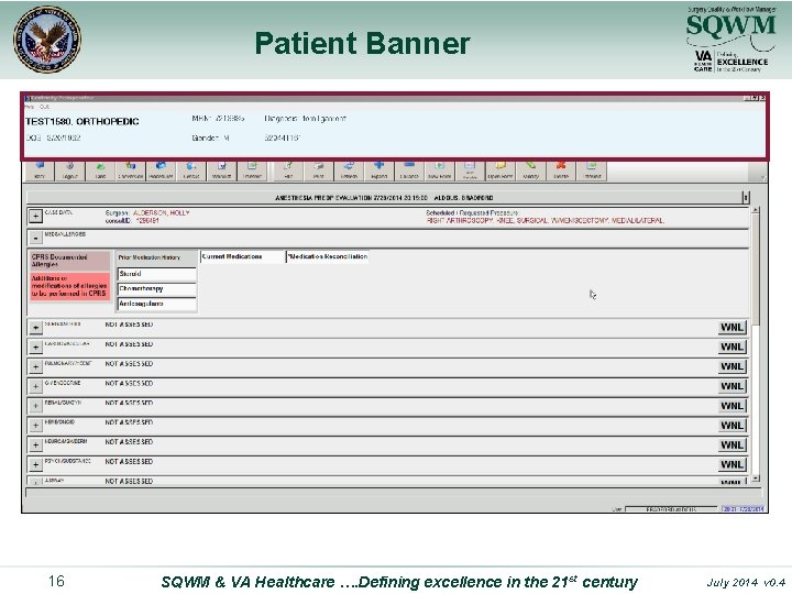 Patient Banner 16 SQWM & VA Healthcare …. Defining excellence in the 21 st