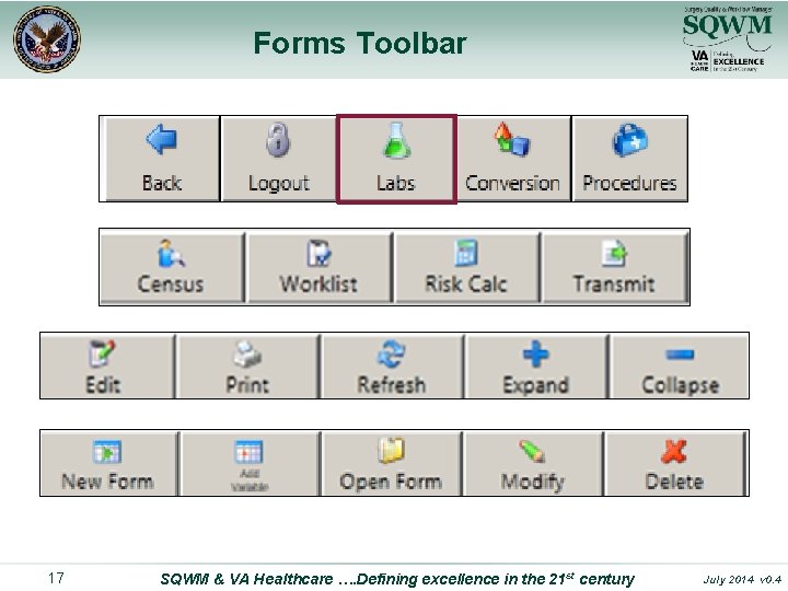 Forms Toolbar 17 SQWM & VA Healthcare …. Defining excellence in the 21 st