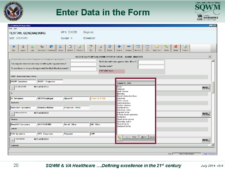 Enter Data in the Form 20 SQWM & VA Healthcare …. Defining excellence in