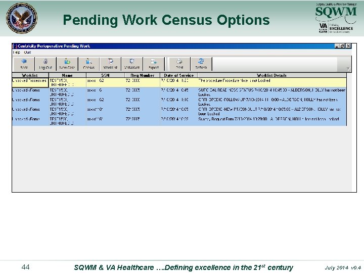 Pending Work Census Options 44 SQWM & VA Healthcare …. Defining excellence in the