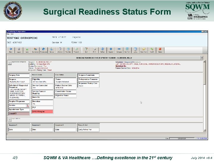 Surgical Readiness Status Form 49 SQWM & VA Healthcare …. Defining excellence in the