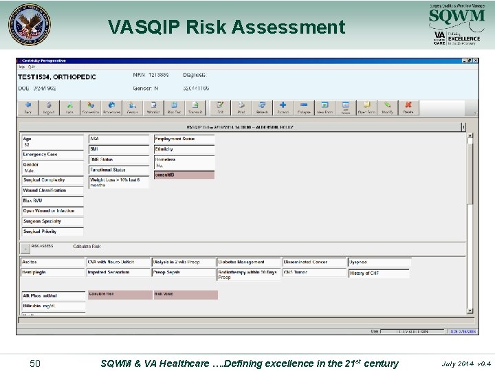 VASQIP Risk Assessment 50 SQWM & VA Healthcare …. Defining excellence in the 21