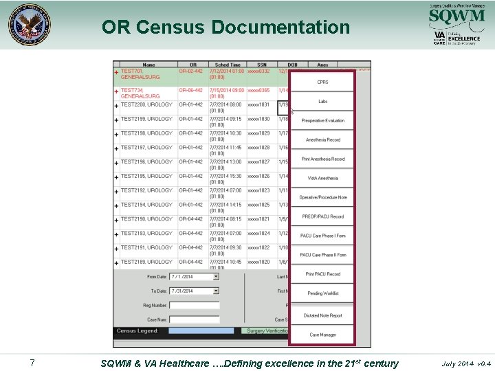 OR Census Documentation 7 SQWM & VA Healthcare …. Defining excellence in the 21