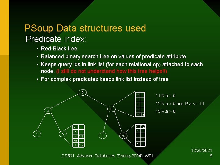 PSoup Data structures used Predicate index: • Red-Black tree • Balanced binary search tree