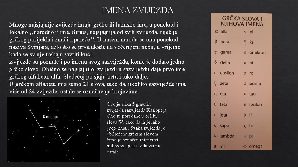 IMENA ZVIJEZDA Mnoge najsjajnije zvijezde imaju grčko ili latinsko ime, a ponekad i lokalno