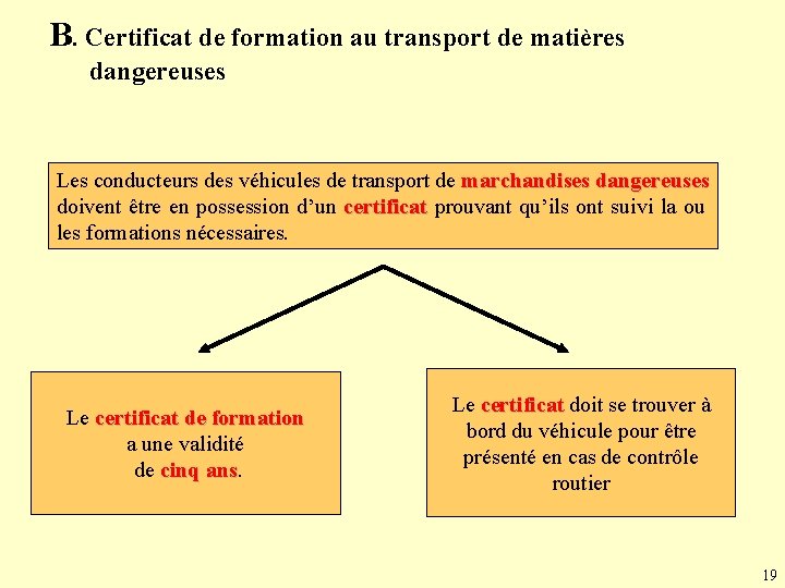 B. Certificat de formation au transport de matières dangereuses Les conducteurs des véhicules de