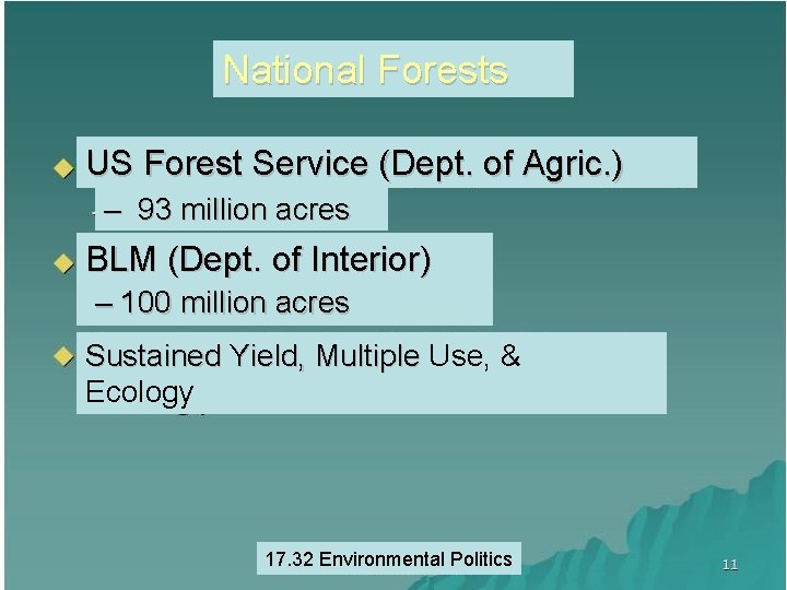 National Forests US Forest Service (Dept. of Agric. ) – 93 million acres BLM