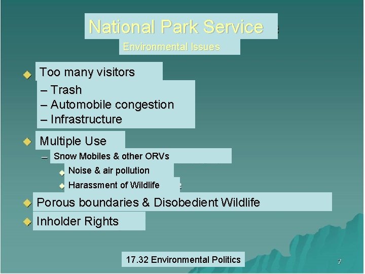 National Park Service Environmental Issues Too many visitors – Trash – Automobile congestion –