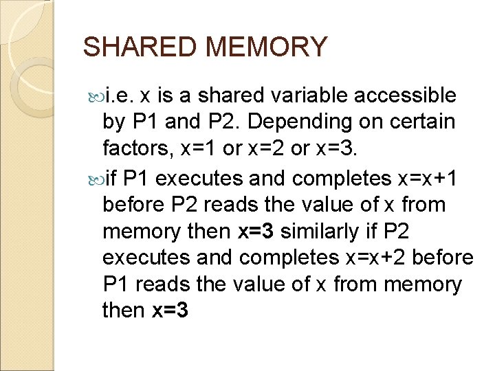 SHARED MEMORY i. e. x is a shared variable accessible by P 1 and