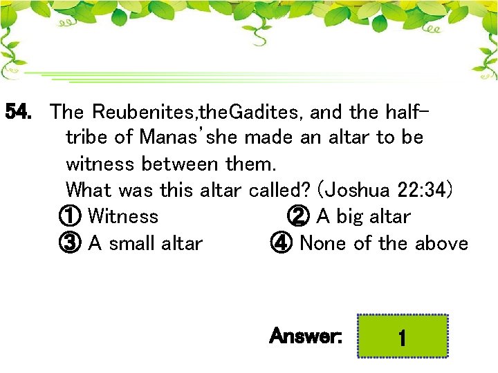 54. The Reubenites, the. Gadites, and the halftribe of Manas’she made an altar to