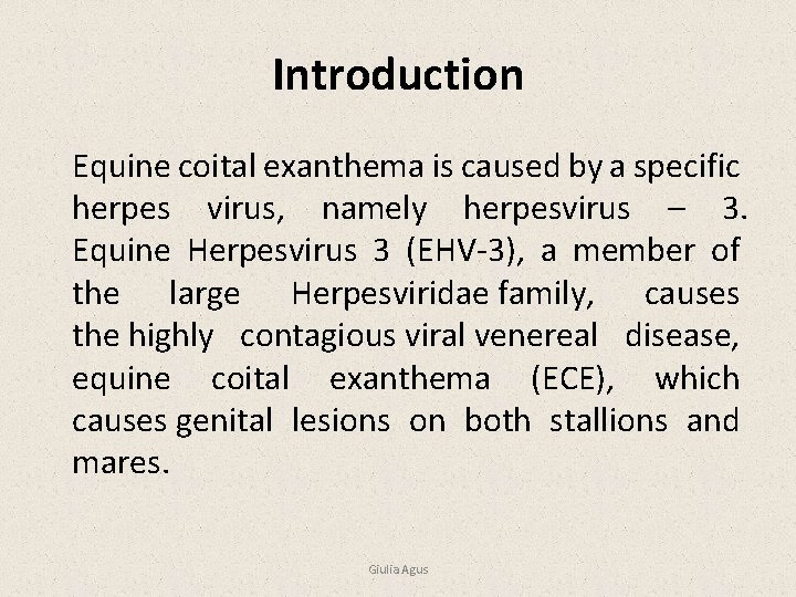 Introduction Equine coital exanthema is caused by a specific herpes virus, namely herpesvirus –