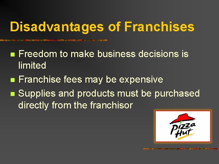 Disadvantages of Franchises n n n Freedom to make business decisions is limited Franchise