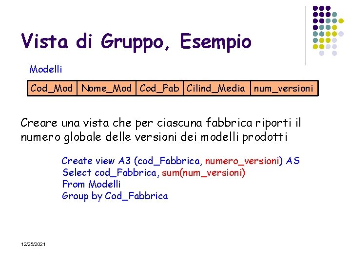 Vista di Gruppo, Esempio Modelli Cod_Mod Nome_Mod Cod_Fab Cilind_Media num_versioni Creare una vista che