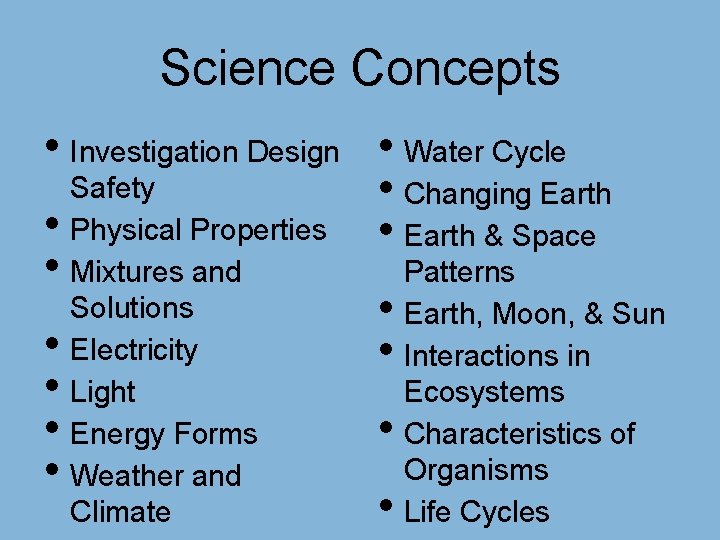 Science Concepts • Investigation Design • Water Cycle Safety • Changing Earth • Physical