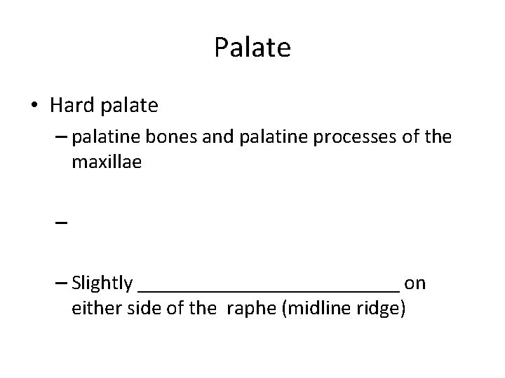 Palate • Hard palate – palatine bones and palatine processes of the maxillae –