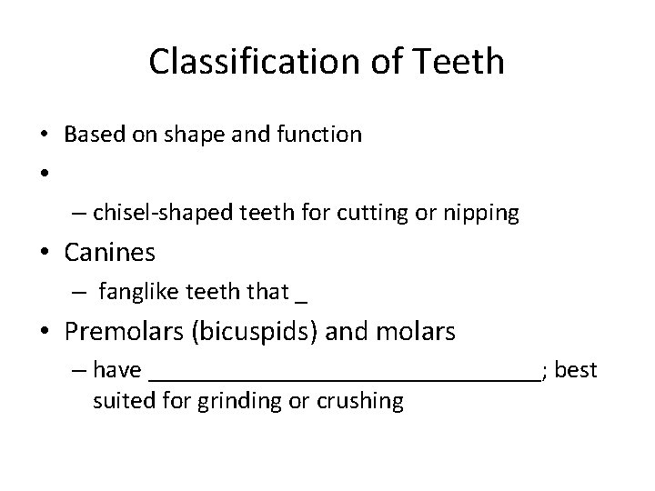 Classification of Teeth • Based on shape and function • – chisel-shaped teeth for