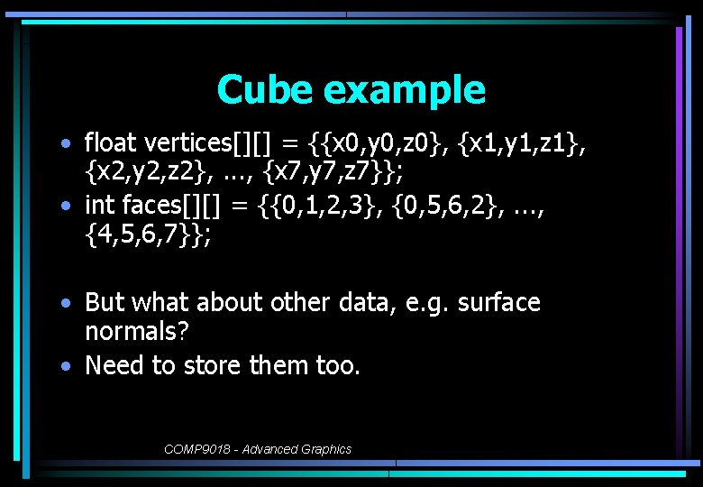 Cube example • float vertices[][] = {{x 0, y 0, z 0}, {x 1,