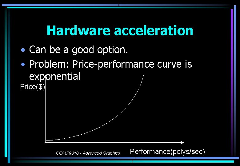 Hardware acceleration • Can be a good option. • Problem: Price-performance curve is exponential