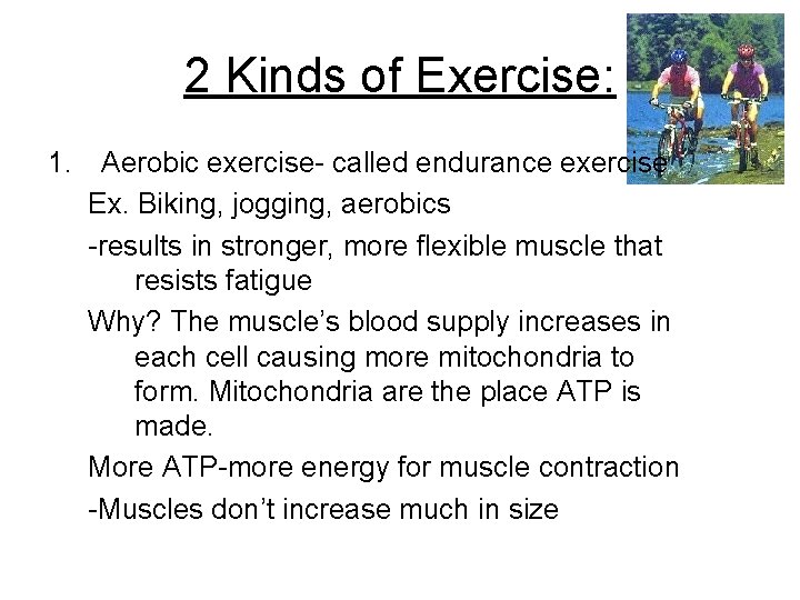2 Kinds of Exercise: 1. Aerobic exercise- called endurance exercise Ex. Biking, jogging, aerobics