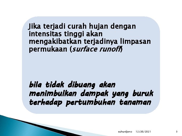 Jika terjadi curah hujan dengan intensitas tinggi akan mengakibatkan terjadinya limpasan permukaan (surface runoff)