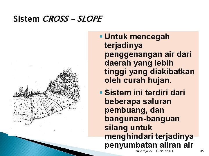 Sistem CROSS – SLOPE § Untuk mencegah terjadinya penggenangan air dari daerah yang lebih