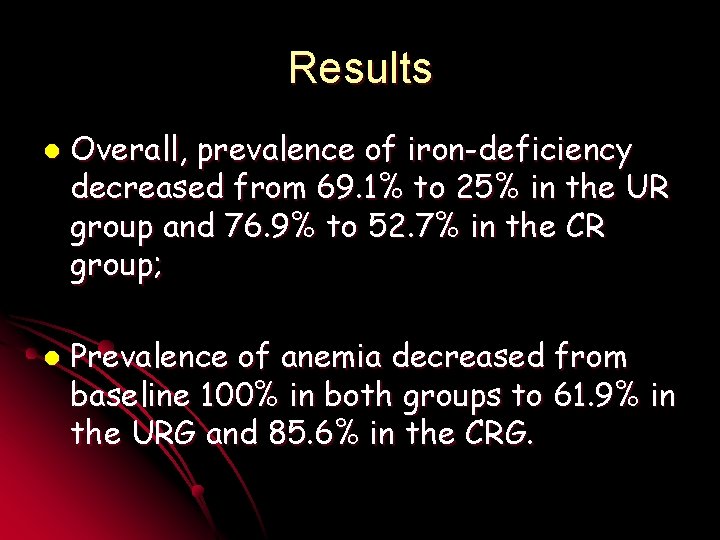 Results l l Overall, prevalence of iron-deficiency decreased from 69. 1% to 25% in