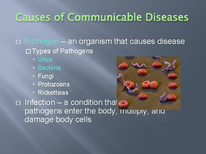 Causes of Communicable Diseases � Pathogen – an organism that causes disease � Types