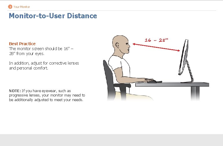3 Your Monitor-to-User Distance Best Practice The monitor screen should be 16” – 28”
