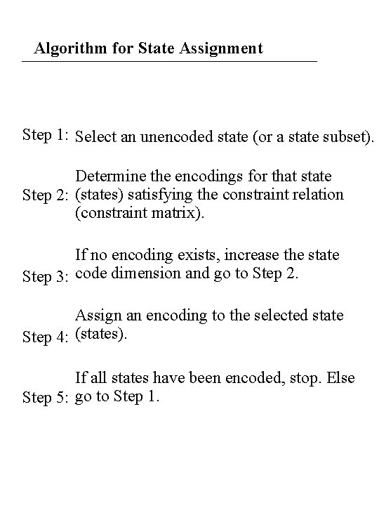 Algorithm for State Assignment Step 1: Select an unencoded state (or a state subset).