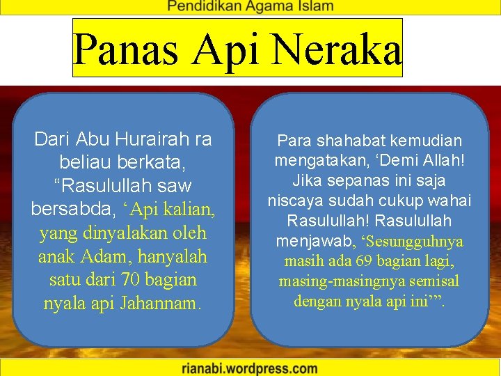 Panas Api Neraka Dari Abu Hurairah ra beliau berkata, “Rasulullah saw bersabda, ‘Api kalian,