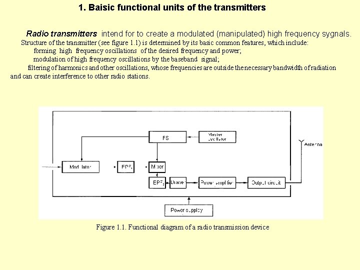 1. Baisic functional units of the transmitters Radio transmitters intend for to create a