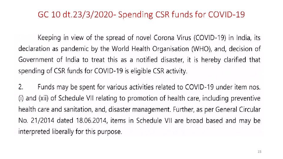 GC 10 dt. 23/3/2020 - Spending CSR funds for COVID-19 15 