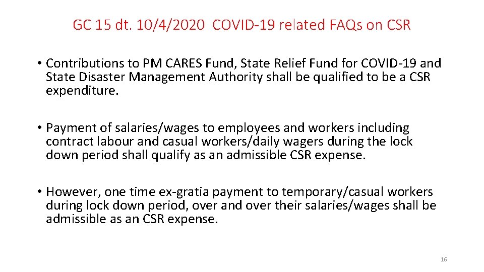 GC 15 dt. 10/4/2020 COVID-19 related FAQs on CSR • Contributions to PM CARES