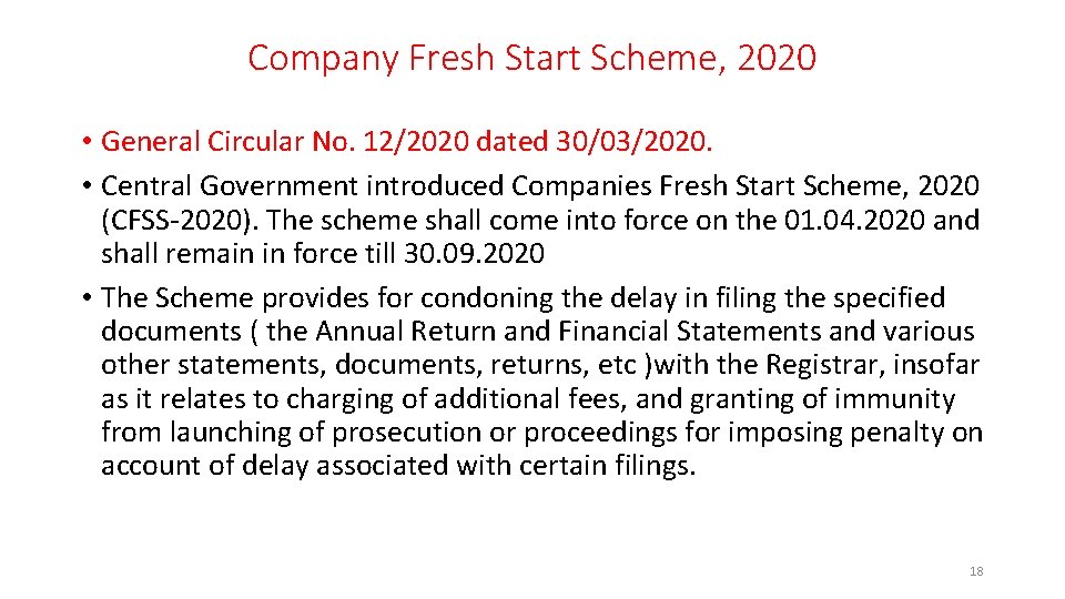 Company Fresh Start Scheme, 2020 • General Circular No. 12/2020 dated 30/03/2020. • Central