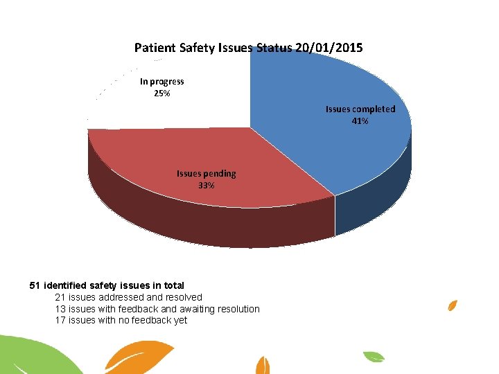 Patient Safety Issues Status 20/01/2015 In progress 25% Issues completed 41% Issues pending 33%
